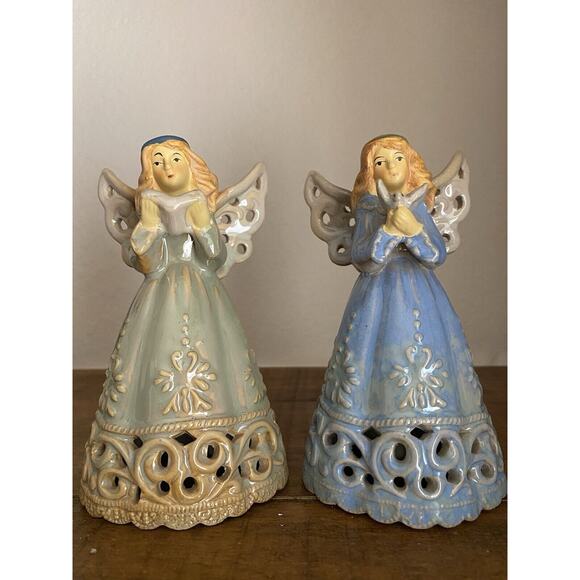 VINTAGE  1950's CERAMIC HEAVENLY ANGEL BELLS - Set of 2 - 5 1/2" Tall - Picture 1 of 13
